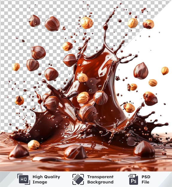 psd with transparent dynamic chocolate splash with hazelnuts on a isolated background