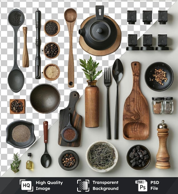 PSD psd with transparent gourmet plant based cooking set featuring a variety of utensils including a wood spoon black and silver spoon silver fork and wood spoon arranged