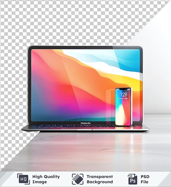 psd with transparent laptop and smartphone device mockup against a white wall