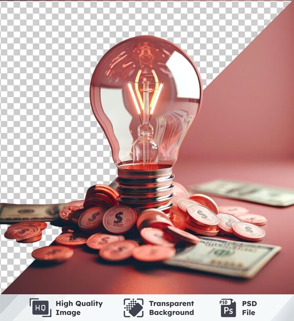 PSD psd with transparent light bulb and pile of money a scale mockup