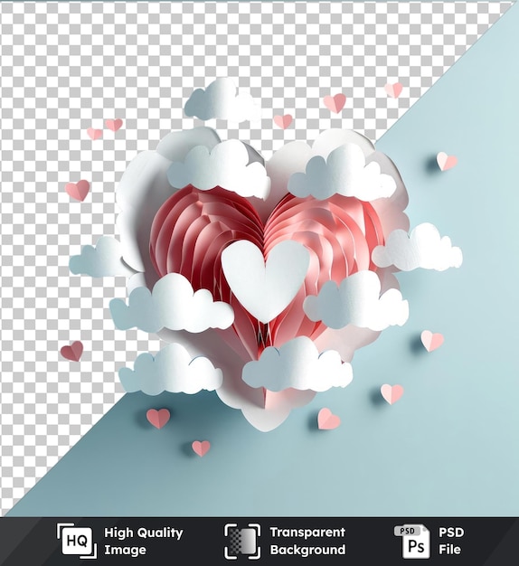 psd with transparent paper hearts and clouds mockup on a blue background