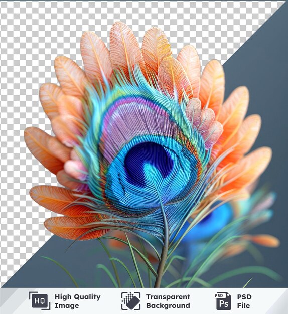 psd with transparent peacock flower feathers on a blue background