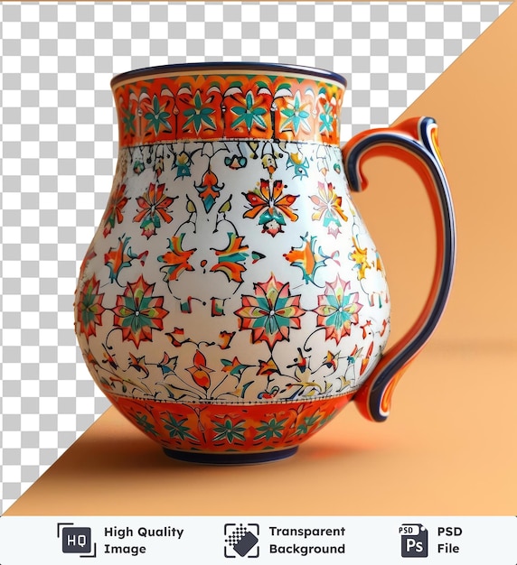 psd with transparent ramadan themed mug with curved handle against an orange wall casting a dark shadow