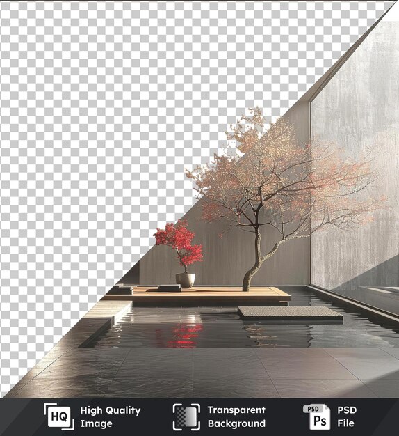 PSD psd with transparent a red flower in a silver vase on tiled floor in front of gray wall