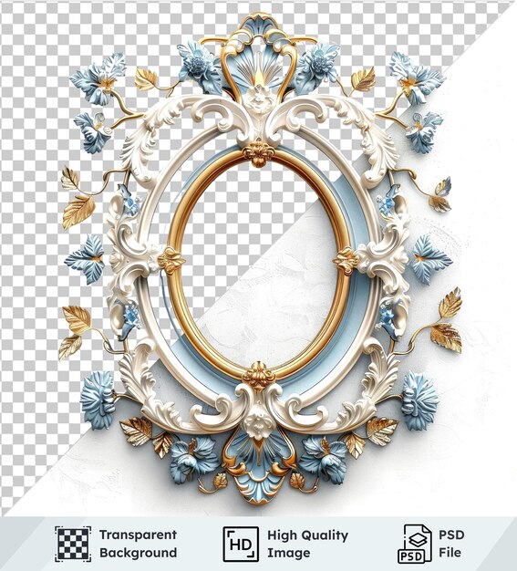 Psd with transparent rococo frame isolated pastel blue gold accents