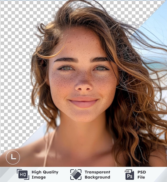 psd with transparent of a smiling woman on seashore with blue sky