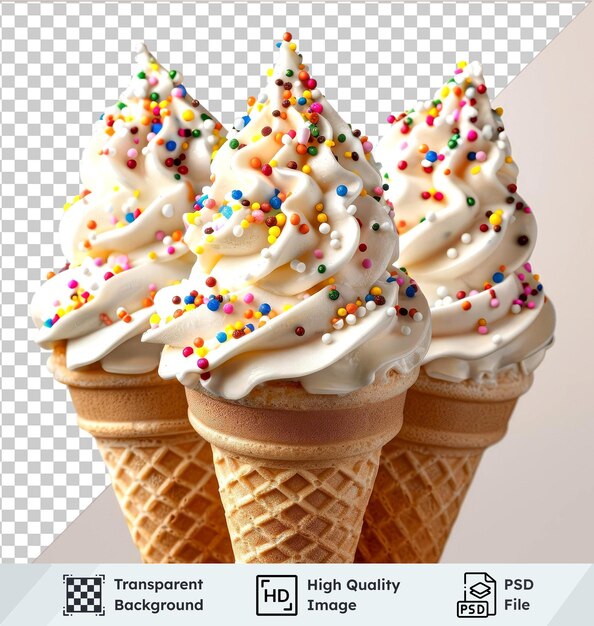 PSD psd with transparent soft serve ice cream cones set isolated on transparent background