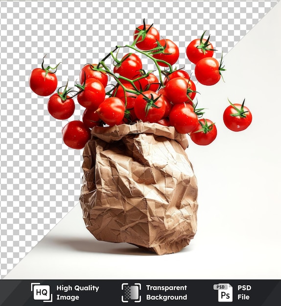 psd with transparent tomatoes flying in a recycling paper bag