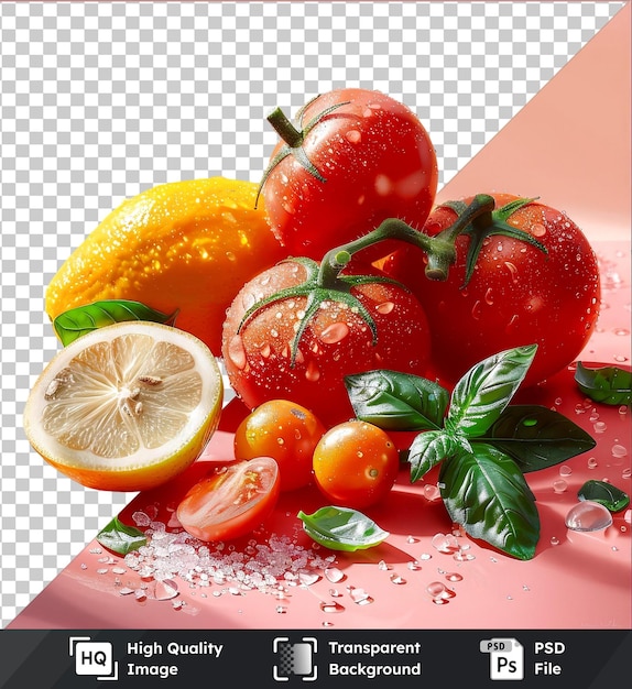 psd with transparent top view of fresh vegetables and fruits on a pink background