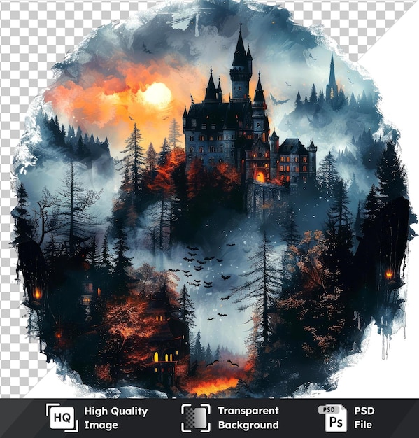 PSD psd with transparent vector background for halloween with a castle in a scary forest