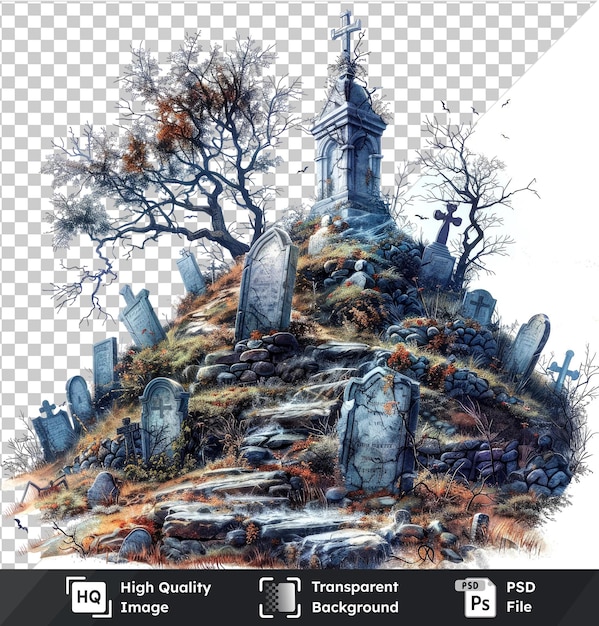 PSD psd with transparent vector cemetery halloween scene with cemetery on a hill