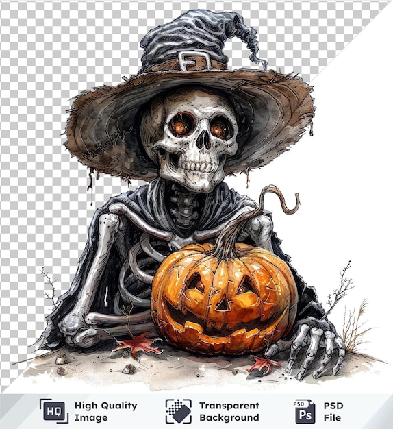 psd with transparent vector halloween illustration of skeleton in a hat with pumpkins and skulls