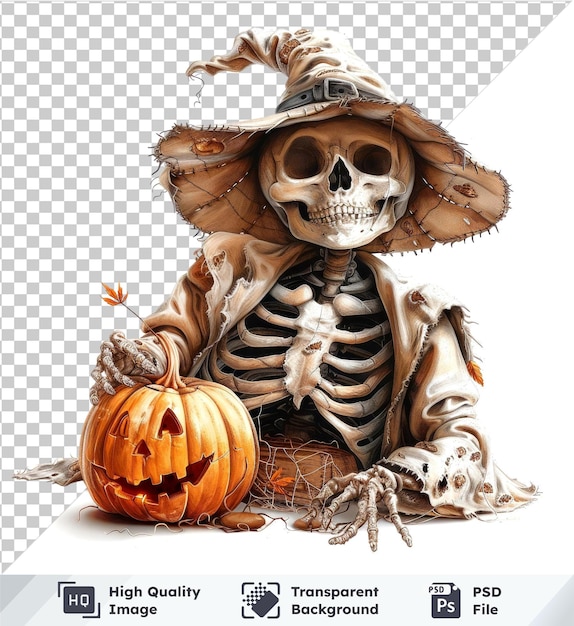 psd with transparent vector halloween illustration of skeleton in a hat with pumpkins and skulls