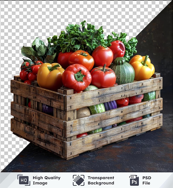 psd with transparent vegetables in a wooden box