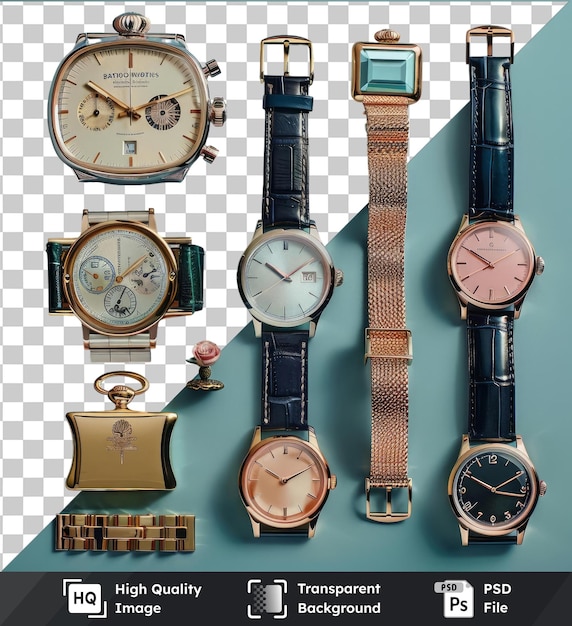 psd with transparent vintage watch and timepiece set against a blue wall featuring a variety of watches including a gold watch a black watch and a white clock