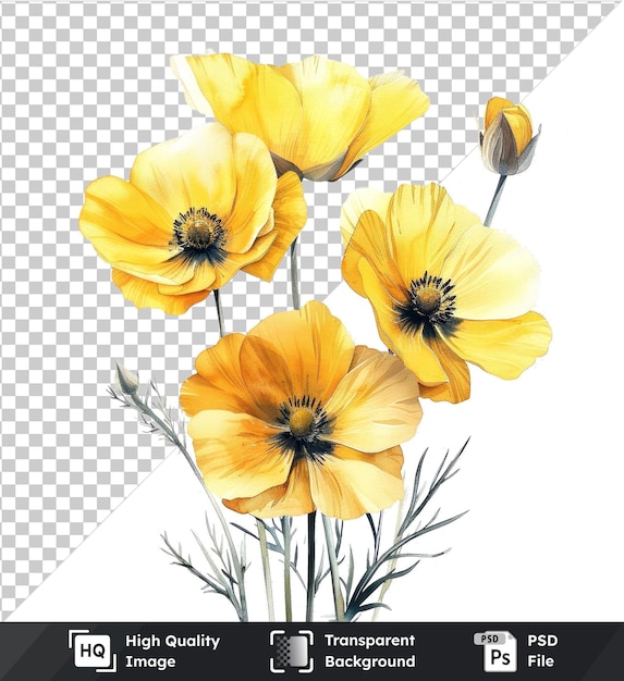 psd with transparent watercolor illustration of yellow flowers isolated on isolated background