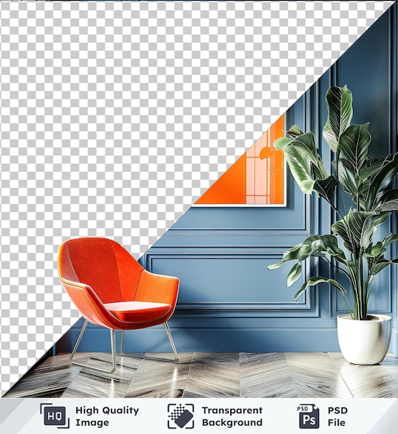 PSD psd with transparent white picture frame mockup hanging a wall orange chair