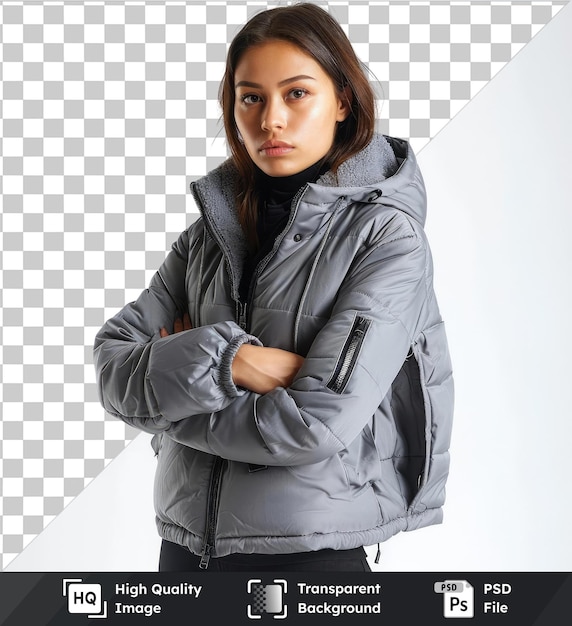 PSD psd with transparent women s grey hooded warm sport puffer jacket on a isolated background