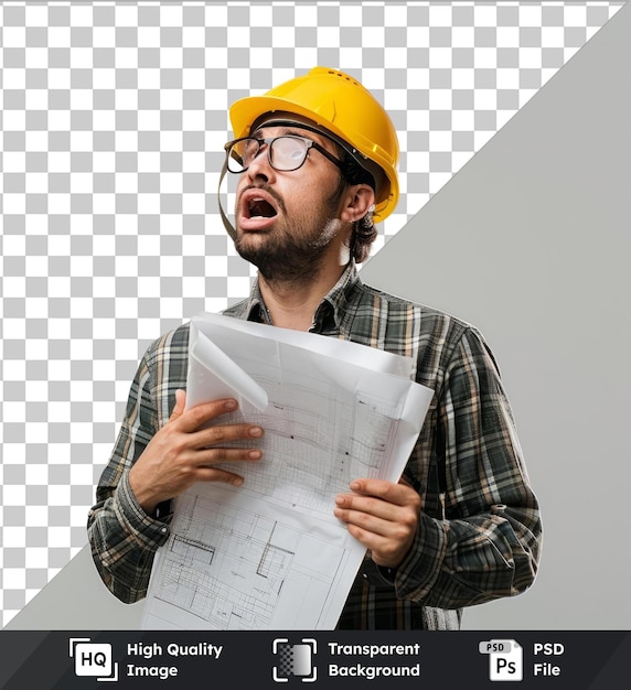 psd with transparent young architect man with helmet and holding blueprints having a pain in the heart