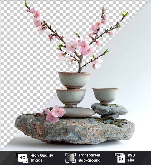 psd with transparent zen teacups balanced on rocks with blossoms isolated on transparent background