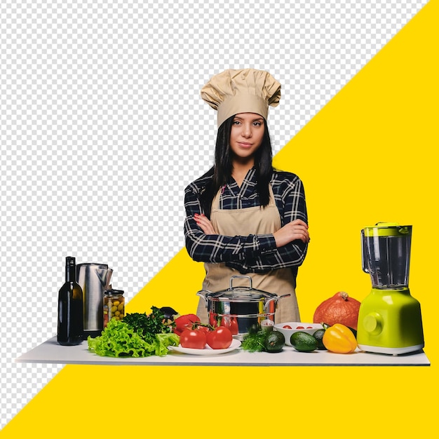 PSD a woman in a chef hat is cooking in a kitchen with vegetable with transparent background