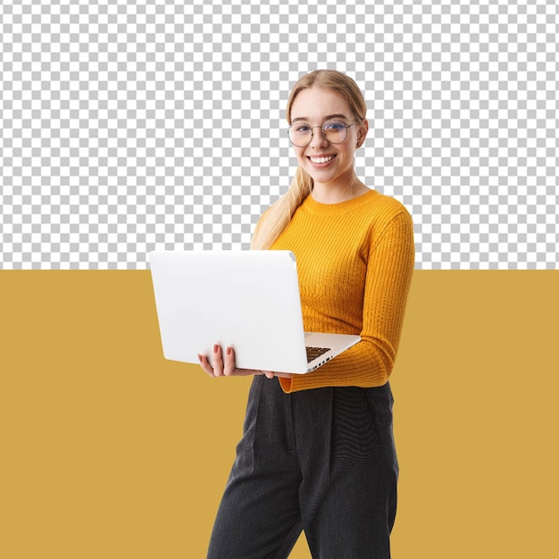 PSD psd woman is holding a laptop and a screen that says she is holding it with transparent background