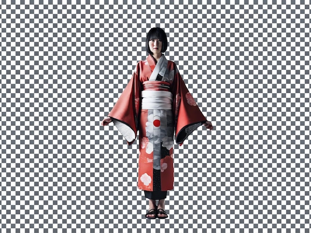 PSD Woman in Red and Black Kimono Isolated on Transparent Background