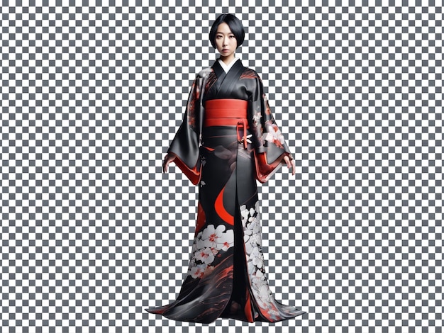 PSD Woman in Red and Black Kimono Isolated on Transparent Background