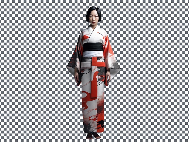 PSD Woman in Red and Black Kimono Isolated on Transparent Background