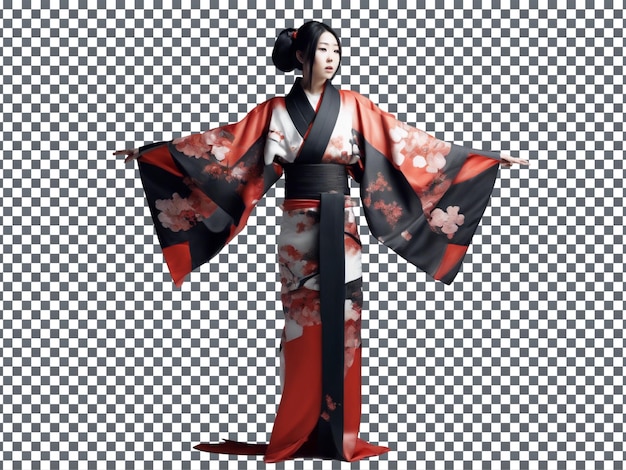 PSD Woman in Red and Black Kimono Isolated on Transparent Background