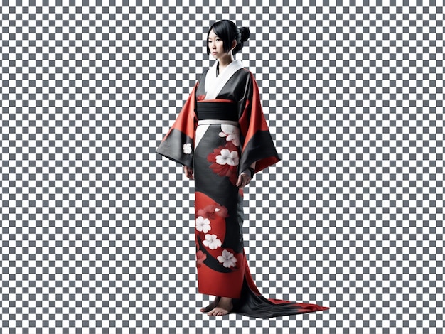 PSD Woman in Red and Black Kimono Isolated on Transparent Background