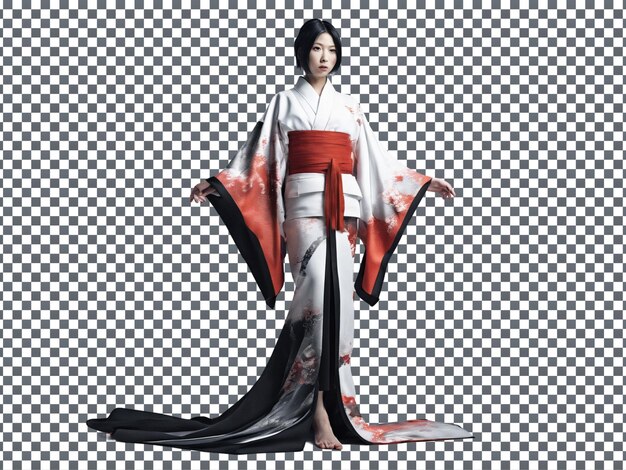 PSD Woman in Red and Black Kimono Isolated on Transparent Background