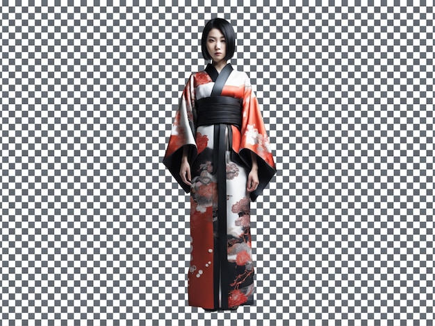 PSD Woman in Red and Black Kimono Isolated on Transparent Background