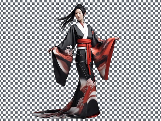 PSD Woman in Red and Black Kimono Isolated on Transparent Background