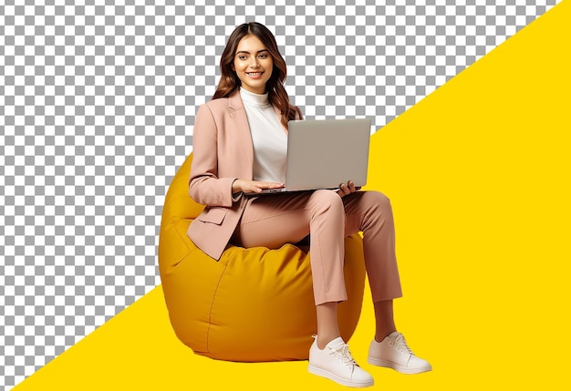 PSD psd woman sits on an orange bean bag with a laptop with transparent background