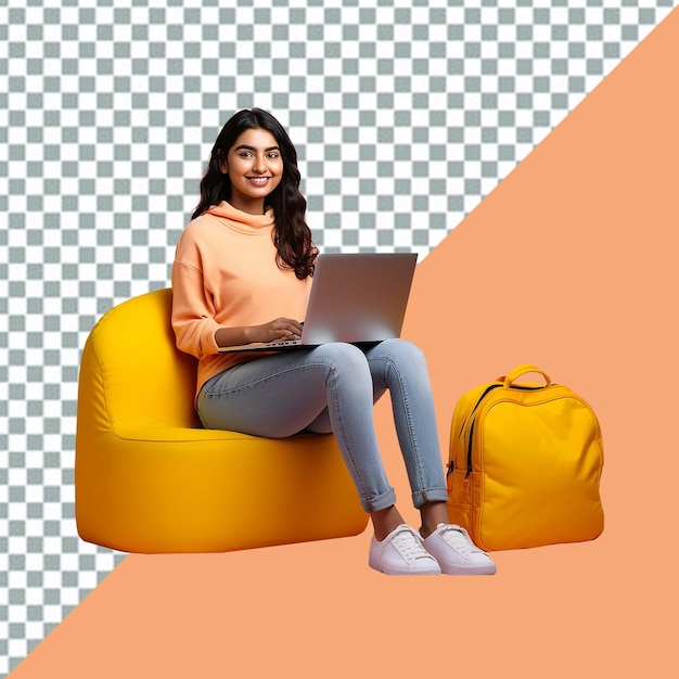 PSD psd woman sits on an orange couch with a transparent background