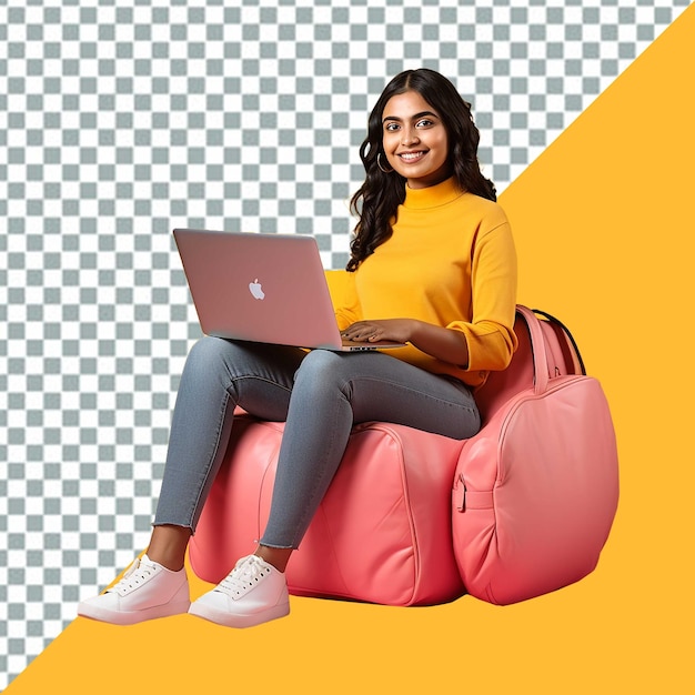 PSD psd woman sits on a pink chair with a laptop transparent background