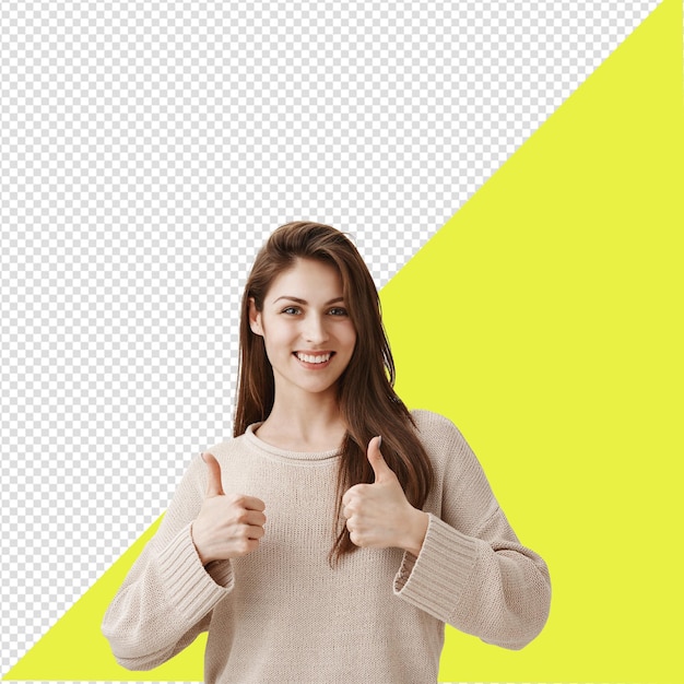 PSD a woman in a sweater giving a thumbs up sign with transparent background