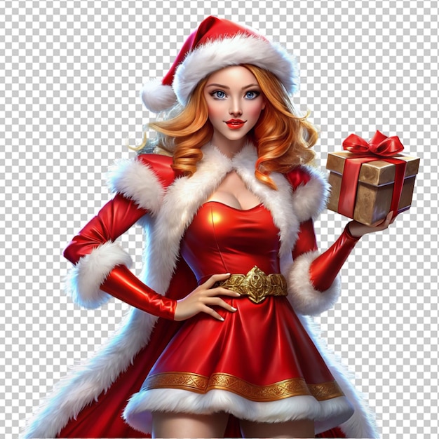 PSD of a woman wearing christmas costume holding gift isolated on transparent background