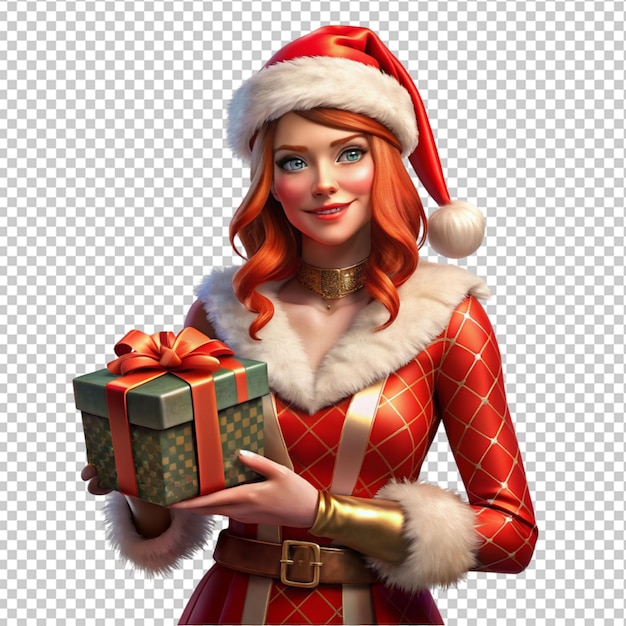 PSD of a woman wearing christmas costume holding gift isolated on transparent background