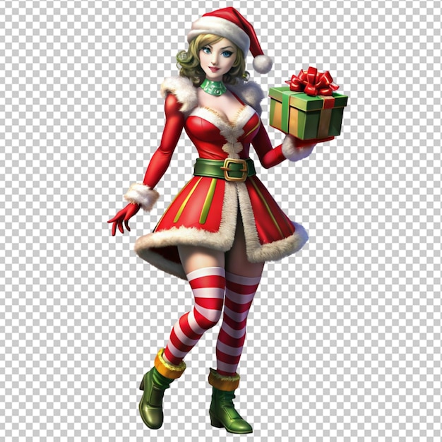 PSD of a woman wearing christmas costume holding gift isolated on transparent background