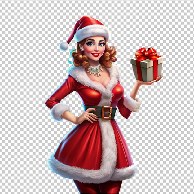 PSD of a woman wearing christmas costume holding gift isolated on transparent background