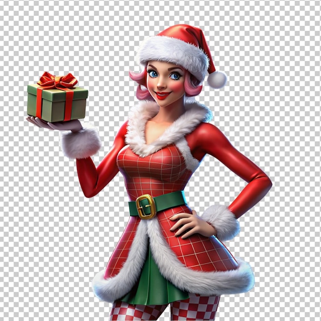 PSD of a woman wearing christmas costume holding gift isolated on transparent background