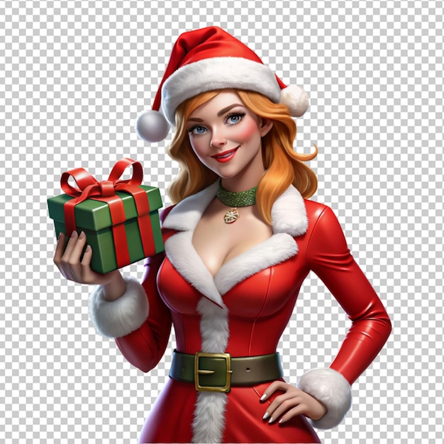 PSD of a woman wearing christmas costume holding gift isolated on transparent background