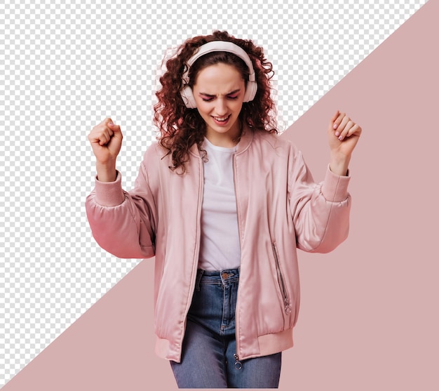 PSD a woman wearing headphones and a pink background with the transparent background