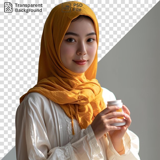 PSD psd a woman in a white dress holding a cup of coffee with a yellow scarf draped over her shoulder against a white wall with a hand visible in the foreground