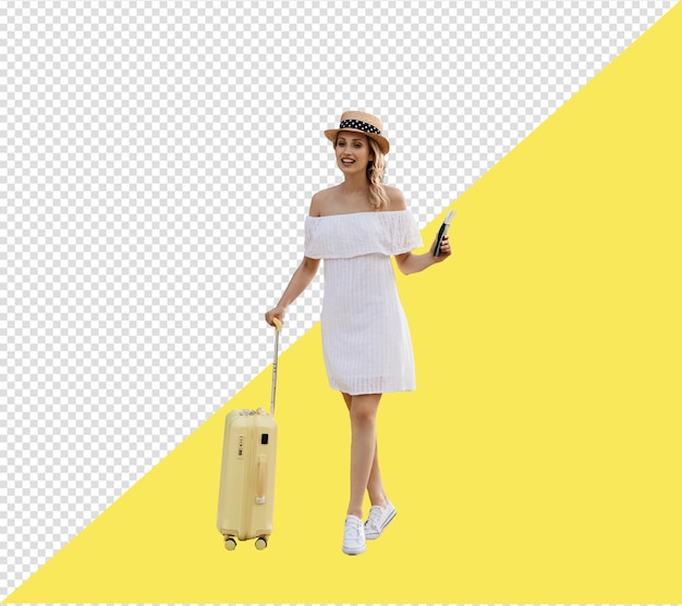 PSD a woman in a white dress with a suitcase and a bottle of wine with transparent background