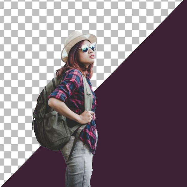 PSD psd a woman with a backpack and sunglasses on her head with transparent background