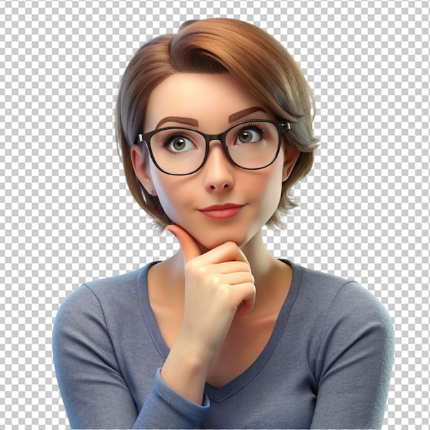 PSD of a woman with glasses thinking isolated on transparent background