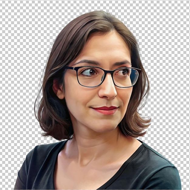 PSD of a woman with glasses thinking isolated on transparent background